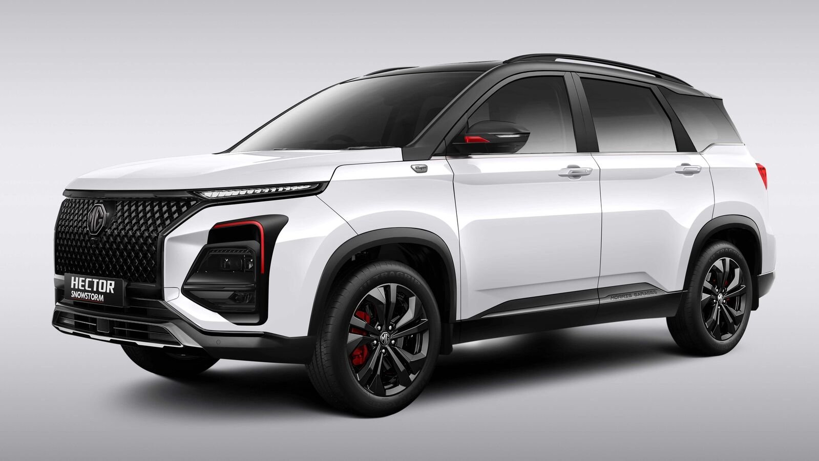 MG Hector Snowstorm special edition in white with black grille and red brake calipers